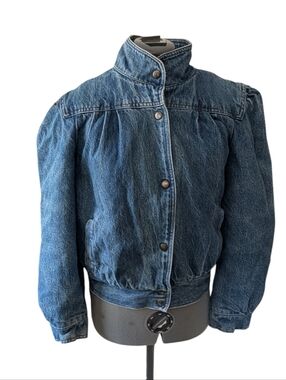 Vintage 80s Women's Puffy Shoulder Fitted Waist Jean Denim Fleece Lined Jacket L